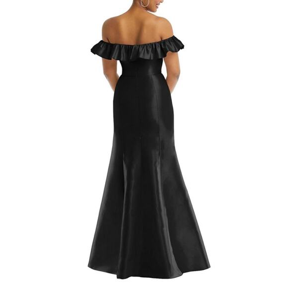 NWT Alfred Sung Black Gown SZ 14 R Women Off Shoulder Ruffle Neck Satin Trumpet - Picture 2 of 14